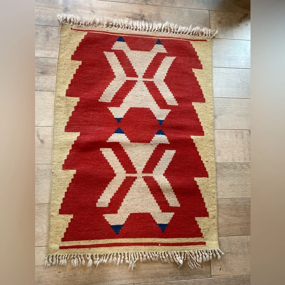 Turkish Kilim Wool Rug Flat woven 2X3 Ft Geometric Motif Red Cream Fringe VTG